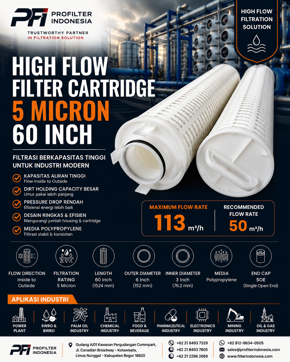 High Flow Filter Cartridge 5 Micron 60 Inch | Distributor & Supplier Indonesia